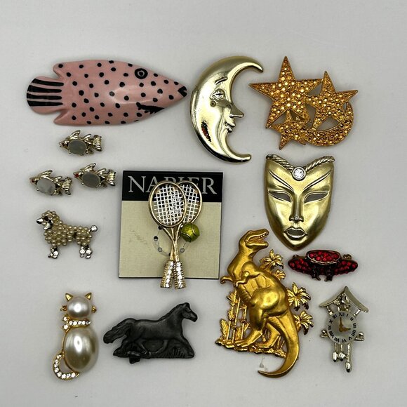 Vintage & Modern Brooch 14 Piece Lot Celestial Animal Rhinestone Enamel Napier - Picture 1 of 12